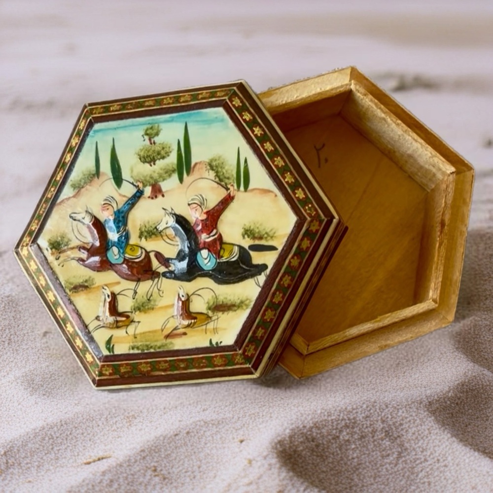 Persian  Katham Hexagonal Jewelry Box with Equestrian Design